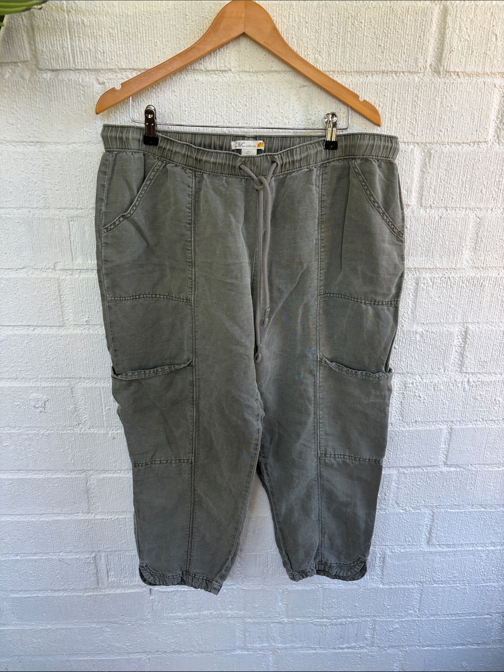 C&C California Linen Olive Cargo Drawstring Jogger Pants sz XL